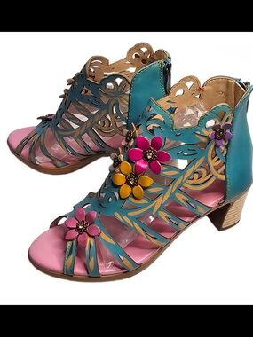 Blooming Vine Romantic Cutout Sandals Heels Turquoise Laser-Cut Vine Design 3D